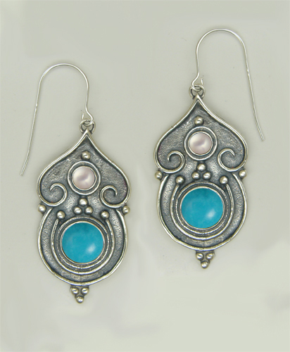 Sterling Silver Gothic Inspired Drop Dangle Earrings With Turquoise And Cultured Freshwater Pearl